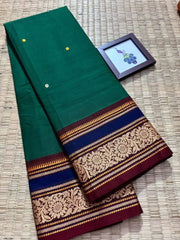 Dark Green Cotton Saree - Saree Handloom Kanchipuram Cotton Festive Pujo Edit Diwali Dark Green S11116