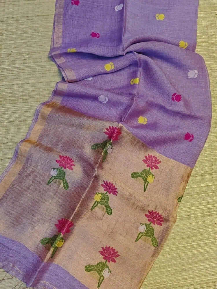 Purple Tissue Saree - Saree Pure Handloom Tissue Linen Jamdani Purple Festive Diwali Pujo Edit S11120