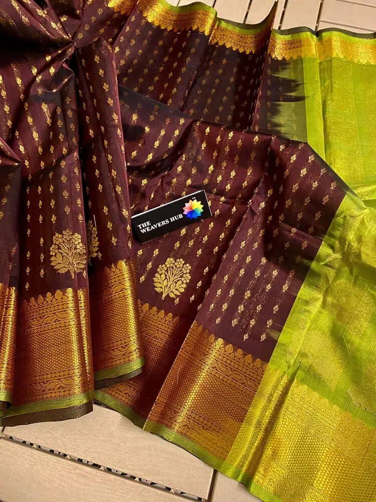 Brown Silk Saree - Saree Kuppadam Silk Handloom Checkered Brown Festive Pujo Edit Diwali S11126