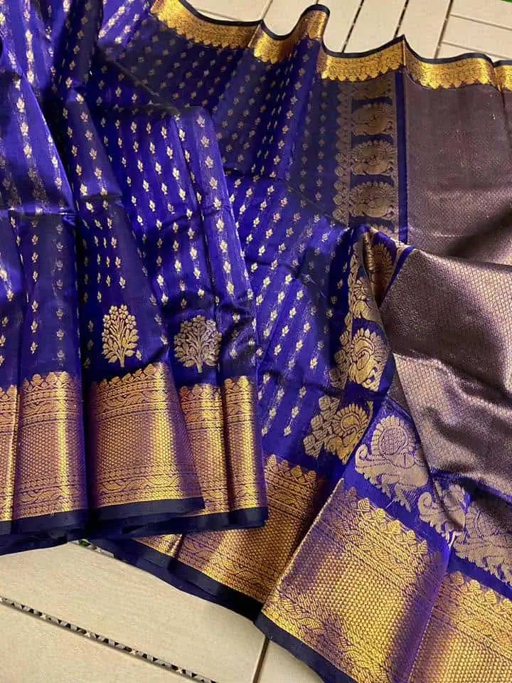 Blue Silk Saree - Saree Kuppadam Silk Handloom Checkered Blue Festive Pujo Edit Diwali S11127