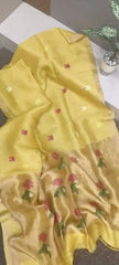 Yellow Tissue Saree - Saree Pure Handloom Tissue Linen Jamdani Yellow Festive Diwali Pujo Edit S11134