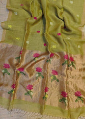 Green Tissue Saree - Saree Pure Handloom Tissue Linen Jamdani Green Festive Diwali Pujo Edit S11137