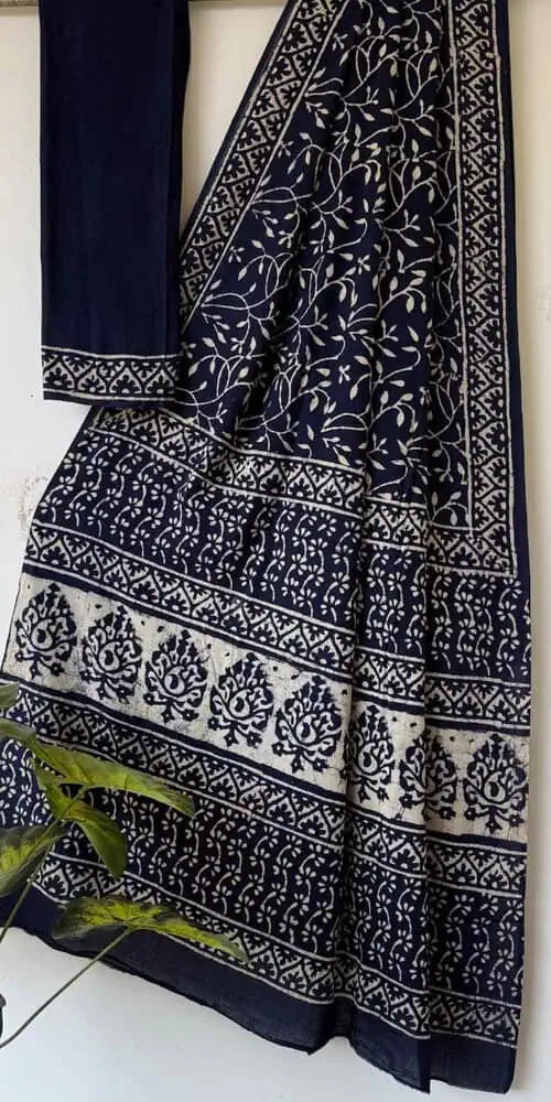 Blue Linen Saree - Saree Cotton Linen Handblock Casual Pujo Edit Blue S11141