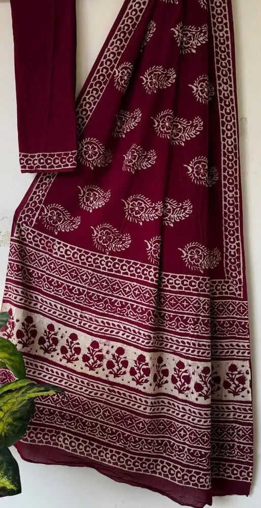 Maroon Linen Saree - Saree Cotton Linen Handblock Casual Pujo Edit Maroon S11142