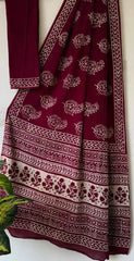 Maroon Linen Saree - Saree Cotton Linen Handblock Casual Pujo Edit Maroon S11142
