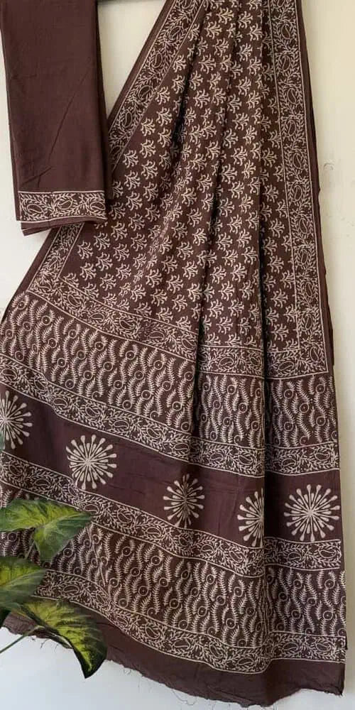 Brown Linen Saree - Saree Cotton Linen Handblock Casual Pujo Edit Brown S11144