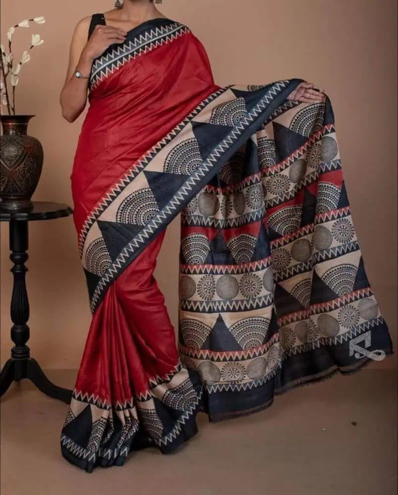 Firebrick Tussar Saree - Saree Pure Desi Tussar Hand Block Print Festive Diwali Pujo Edit Firebrick S11156