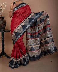 Firebrick Tussar Saree - Saree Pure Desi Tussar Hand Block Print Festive Diwali Pujo Edit Firebrick S11156