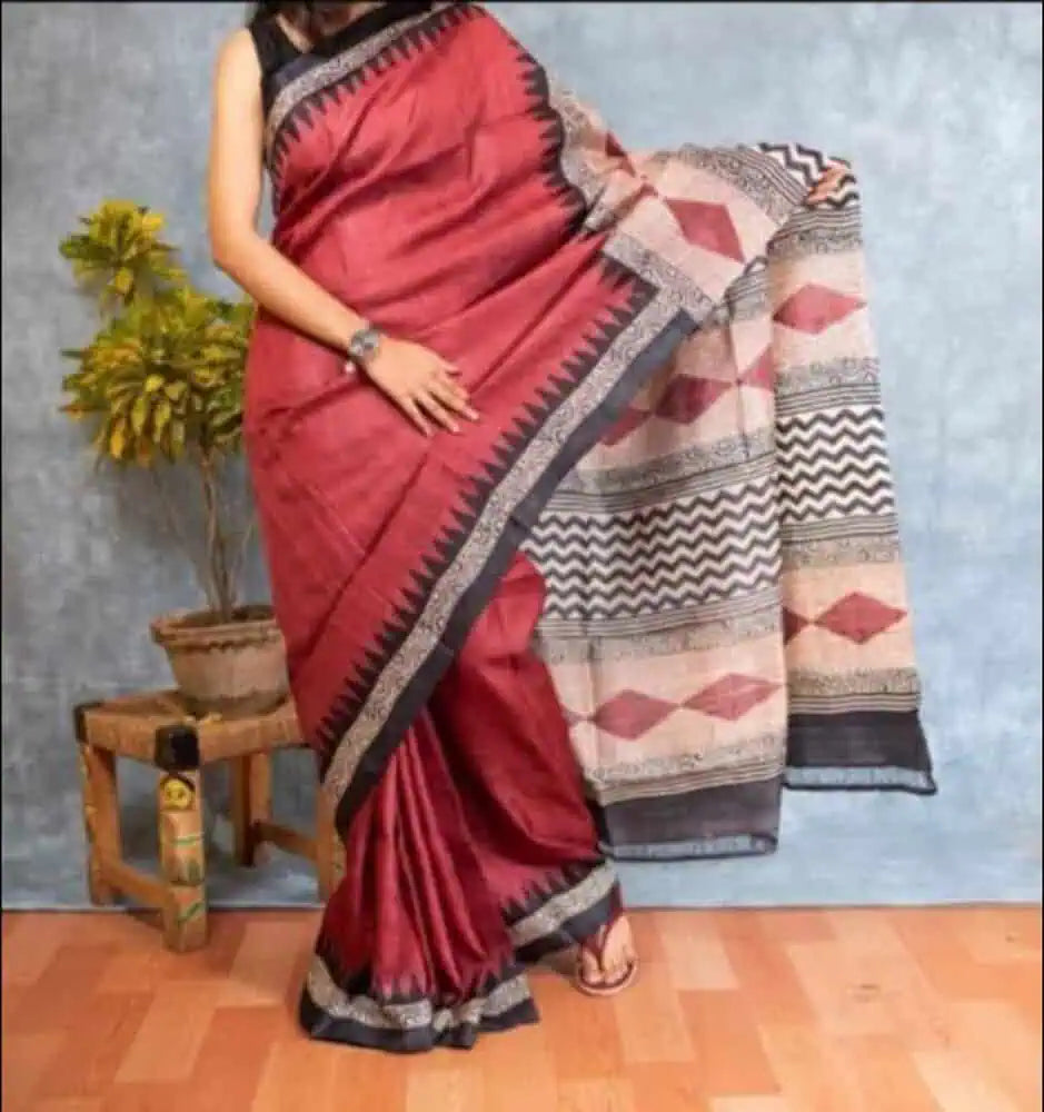 Firebrick Tussar Saree - Saree Pure Desi Tussar Hand Block Print Festive Diwali Pujo Edit Firebrick S11157