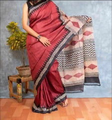 Firebrick Tussar Saree - Saree Pure Desi Tussar Hand Block Print Festive Diwali Pujo Edit Firebrick S11157