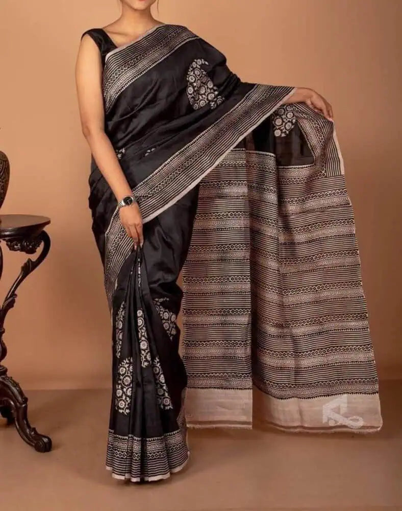 Charcoal Black Tussar Saree - Saree Pure Desi Tussar Hand Block Print Festive Diwali Pujo Edit Charcoal Black S11158