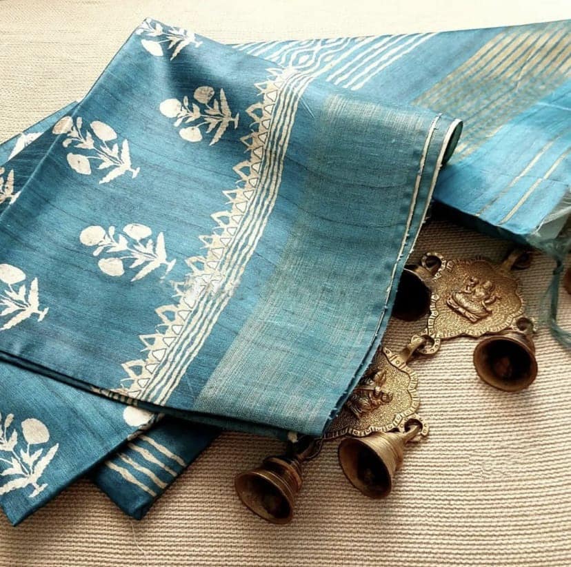 saree-ghicha-silk-block-print-turquoise-s10080