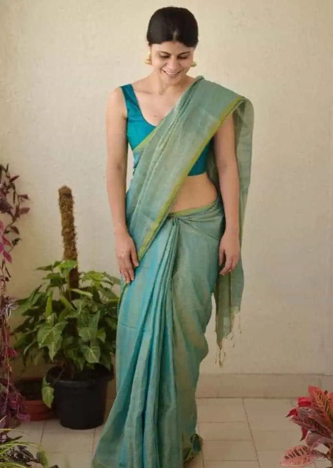 Aqua Blue Tissue Linen Saree: Ethnic Wear, Festive - S10359 - Saree - Aakritee - S10359