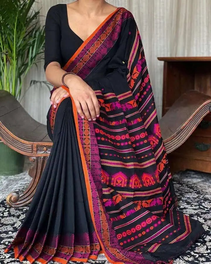 Assam Cotton Saree Ð Black Handloom Casual Everyday Wear, S10857 - Saree - Aakritee - S10857