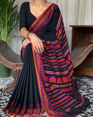 Assam Cotton Saree Ð Black Handloom Casual Everyday Wear, S10857 - Saree - Aakritee - S10857