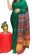 Bandhej Ajrakh Saree, Modal Silk, Green, Partywear Casual - Saree - Aakritee - S10591