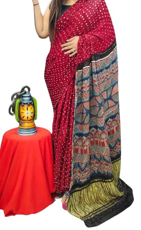 Bandhej Ajrakh Saree, Modal Silk, Red, Partywear Casual - Saree - Aakritee - S10590