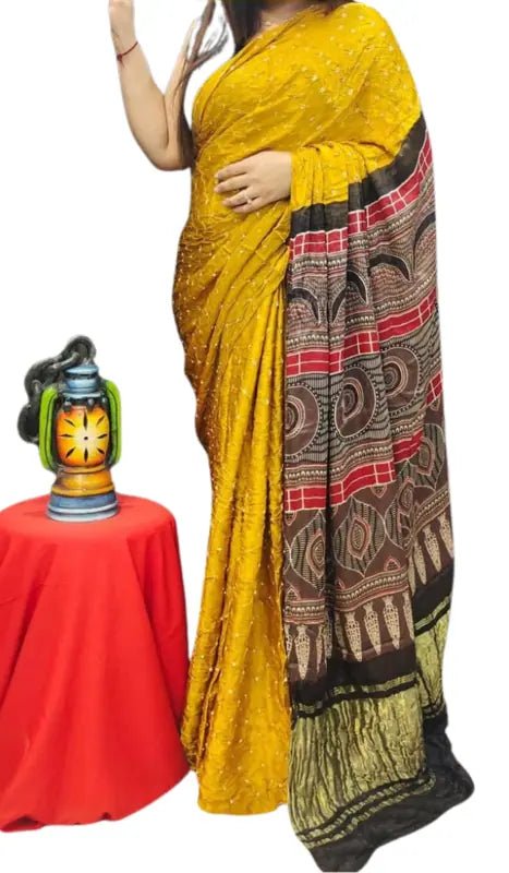 Bandhej Ajrakh Saree, Modal Silk, Yellow, Partywear Casual - Saree - Aakritee - S10592