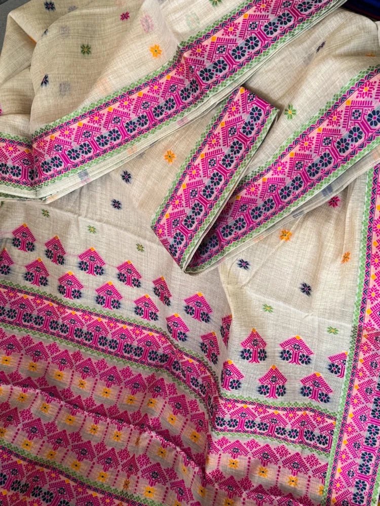 Beige Assam Silk Cotton Saree - Saree Assam Silk Cotton Beige Festive Pujo Edit Diwali S11247 - Saree - Aakritee - S11247