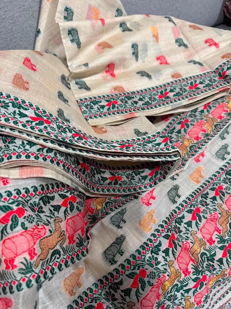Beige Assam Silk Cotton Saree - Saree Assam Silk Cotton Beige Festive Pujo Edit Diwali S11253 - Saree - Aakritee - S11253