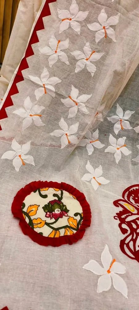 Beige Bengal Handloom Cotton Applique Saree - Saree Bengal Handloom Cotton Applique Handblock Beige Durga Pujo Special Pujo Edit Festive S11228 - Saree - Aakritee - S11228