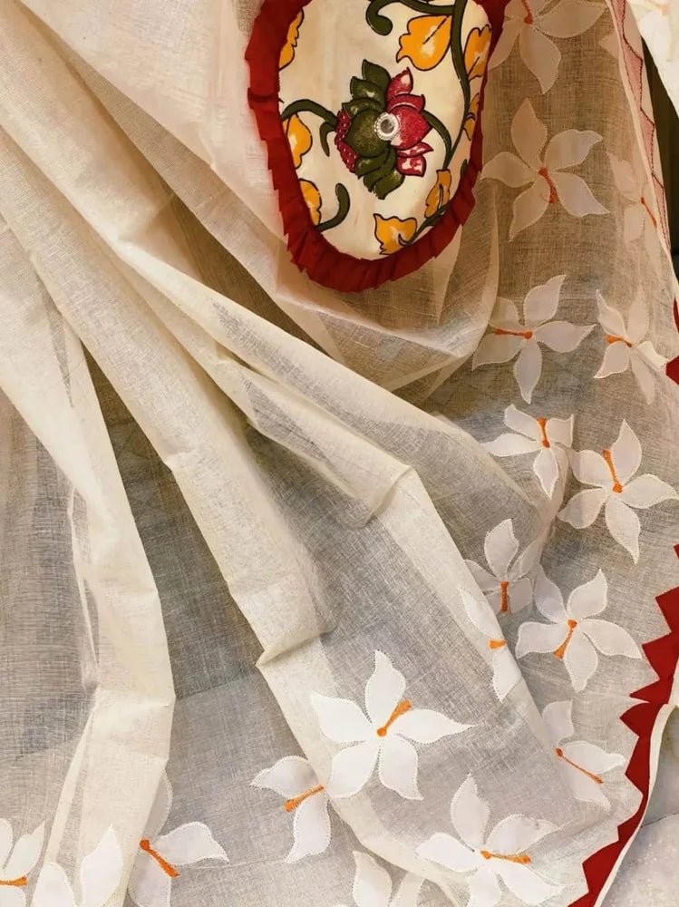 Beige Bengal Handloom Cotton Applique Saree - Saree Bengal Handloom Cotton Applique Handblock Beige Durga Pujo Special Pujo Edit Festive S11228 - Saree - Aakritee - S11228
