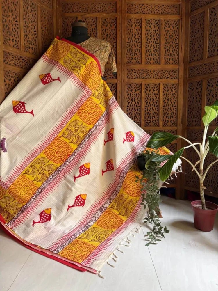 Beige Bengal Handloom Cotton Applique Saree - Saree Bengal Handloom Cotton Applique Handblock Beige Pujo Edit Festive S11210 - Saree - Aakritee - S11210