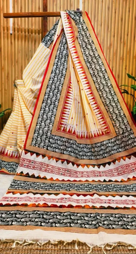 Beige Bengal Handloom Cotton Applique Saree - Saree Bengal Handloom Cotton Applique Handblock Beige Pujo Edit Festive S11211 - Saree - Aakritee - S11211
