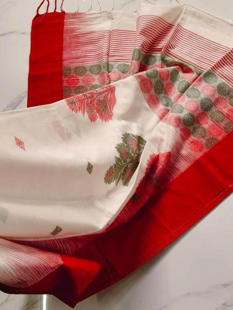 Beige Bengal Handloom Saree - Saree Bengal Handloom Durga Pujo Special Traditional Beige S11254 - Saree - Aakritee - S11254