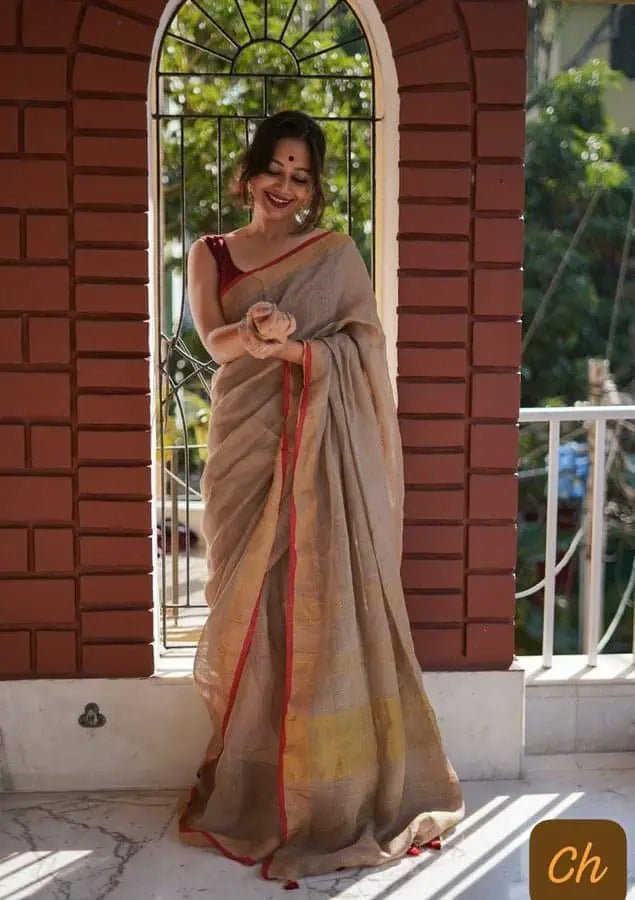 Beige Linen Summer Saree with Silver Zari - Casual Wear - Saree - Aakritee - S10678