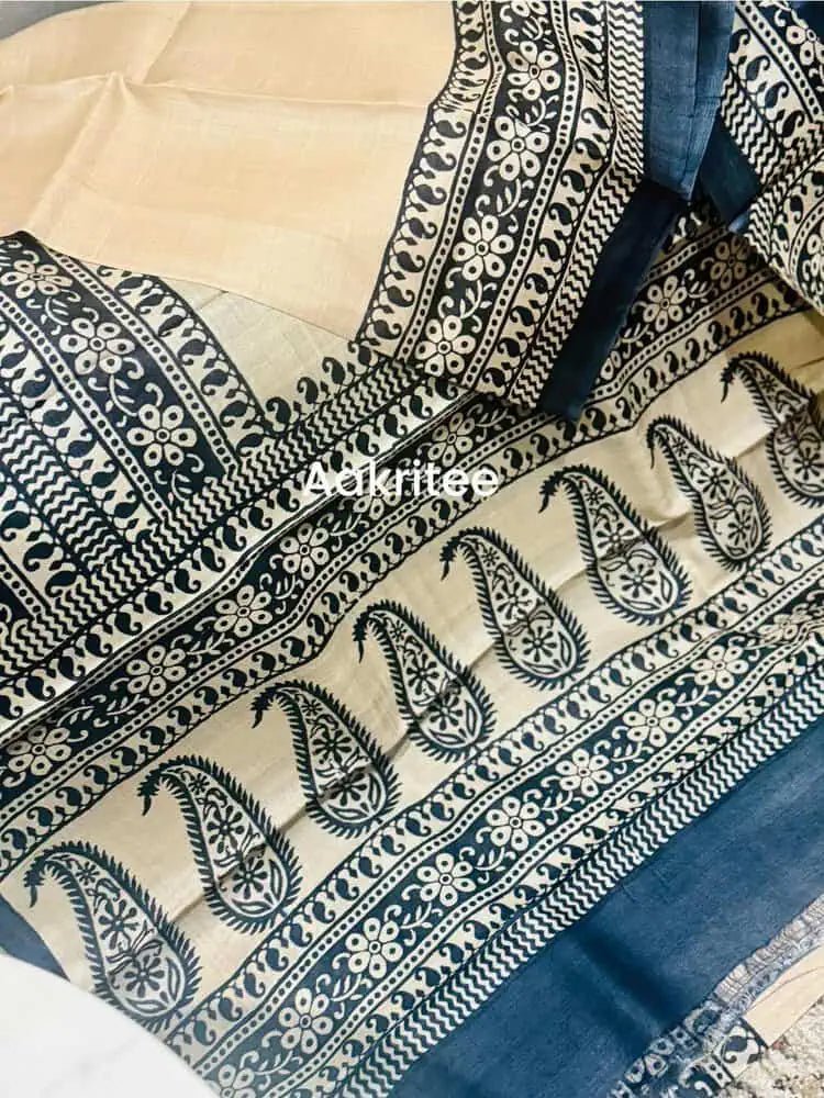 Beige Tussar Saree - Saree Pure Gachi Tussar Hand Block Beige Festive Pujo Edit S11114 - Saree - Aakritee - S11114