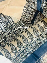 Beige Tussar Saree - Saree Pure Gachi Tussar Hand Block Beige Festive Pujo Edit S11114 - Saree - Aakritee - S11114