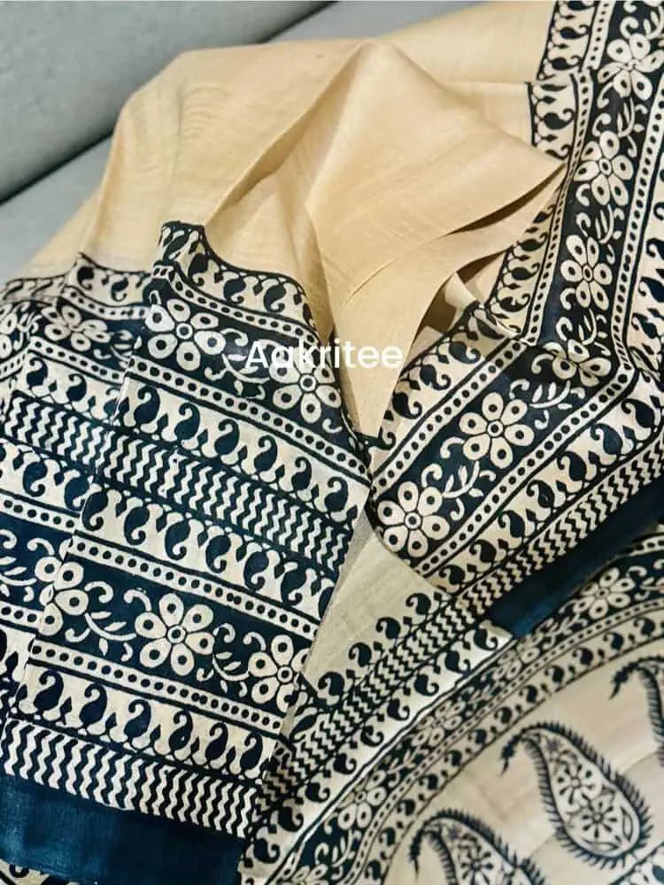Beige Tussar Saree - Saree Pure Gachi Tussar Hand Block Beige Festive Pujo Edit S11114 - Saree - Aakritee - S11114