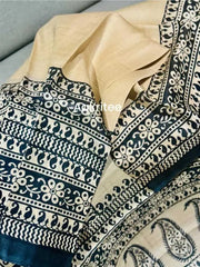 Beige Tussar Saree - Saree Pure Gachi Tussar Hand Block Beige Festive Pujo Edit S11114 - Saree - Aakritee - S11114