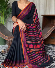 Bengal Handloom Cotton Dolabedi Palla Black Saree, S10882 - Saree - Aakritee - S10882