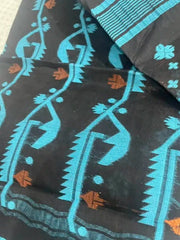 Bengal Jamdani Semi - Soft Cotton Saree in Black & Cyan, Festive - Saree - Aakritee - S10670