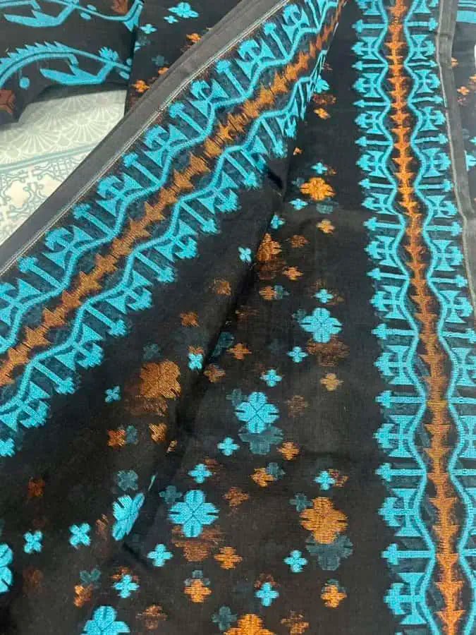 Bengal Jamdani Semi - Soft Cotton Saree in Black & Cyan, Festive - Saree - Aakritee - S10670