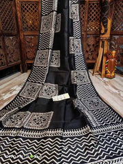 Bishnupuri Silk Block Print Festive Durgapuja Black Saree S10488 - Saree - Aakritee - S10488