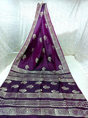 Bishnupuri Silk Block Print Festive Durgapuja Dark Purple Saree S10490 - Saree - Aakritee - S10490