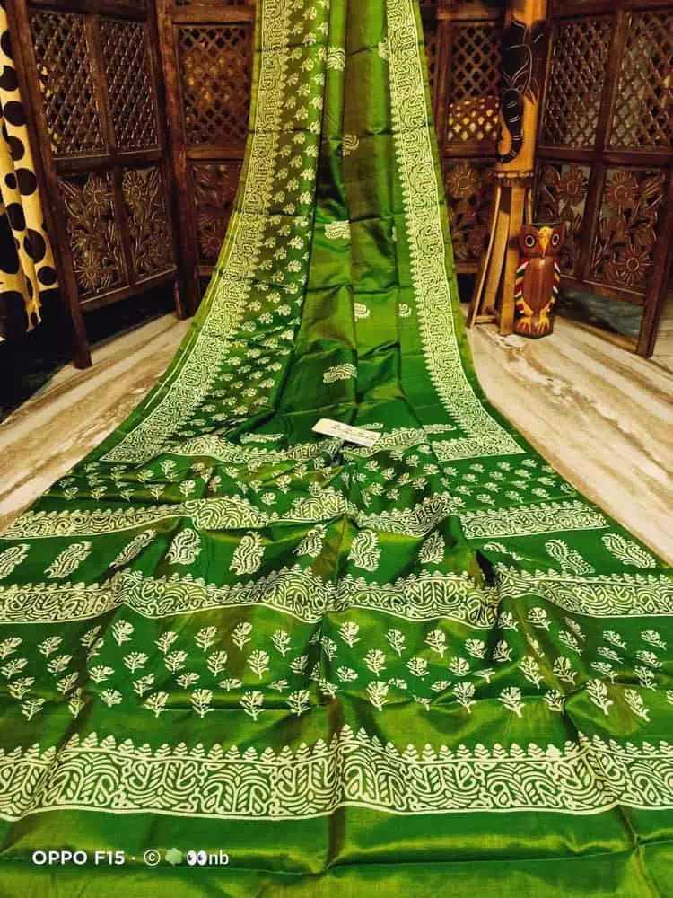 Bishnupuri Silk Block Print Festive Durgapuja Green Saree S10487 - Saree - Aakritee - S10487