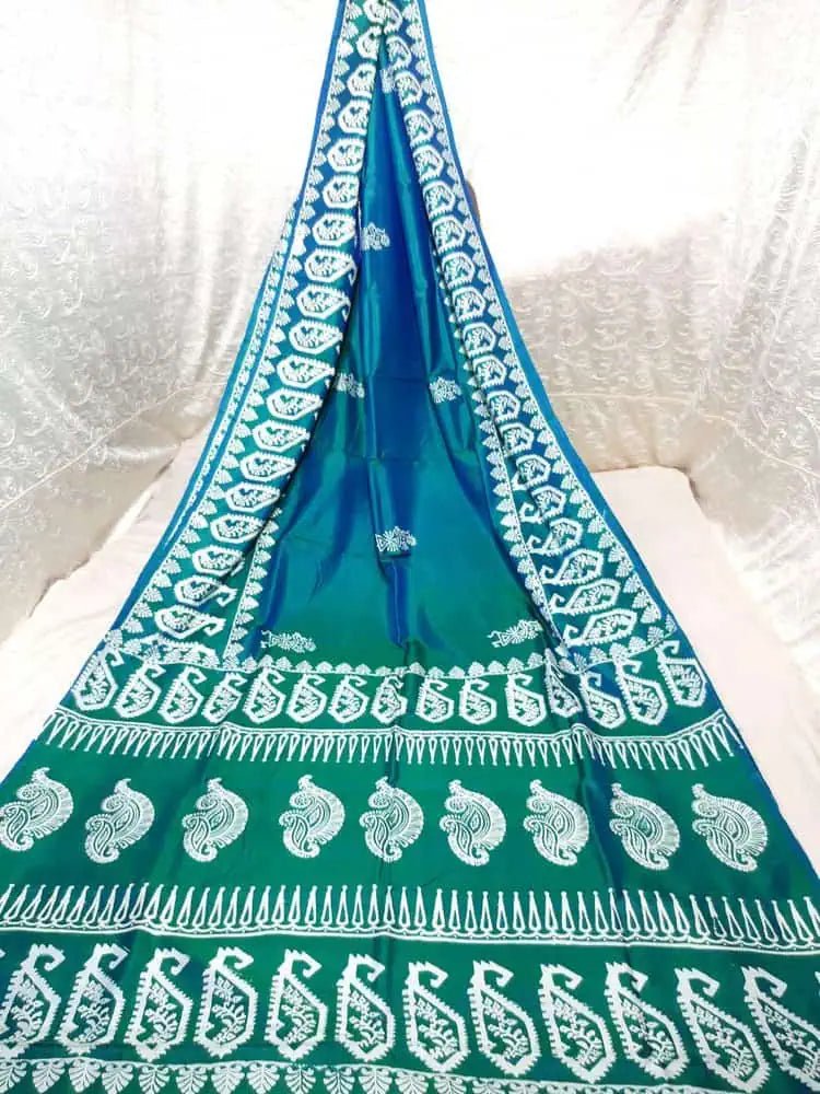 Bishnupuri Silk Block Print Festive Durgapuja Sea Green Saree S10489 - Saree - Aakritee - S10489