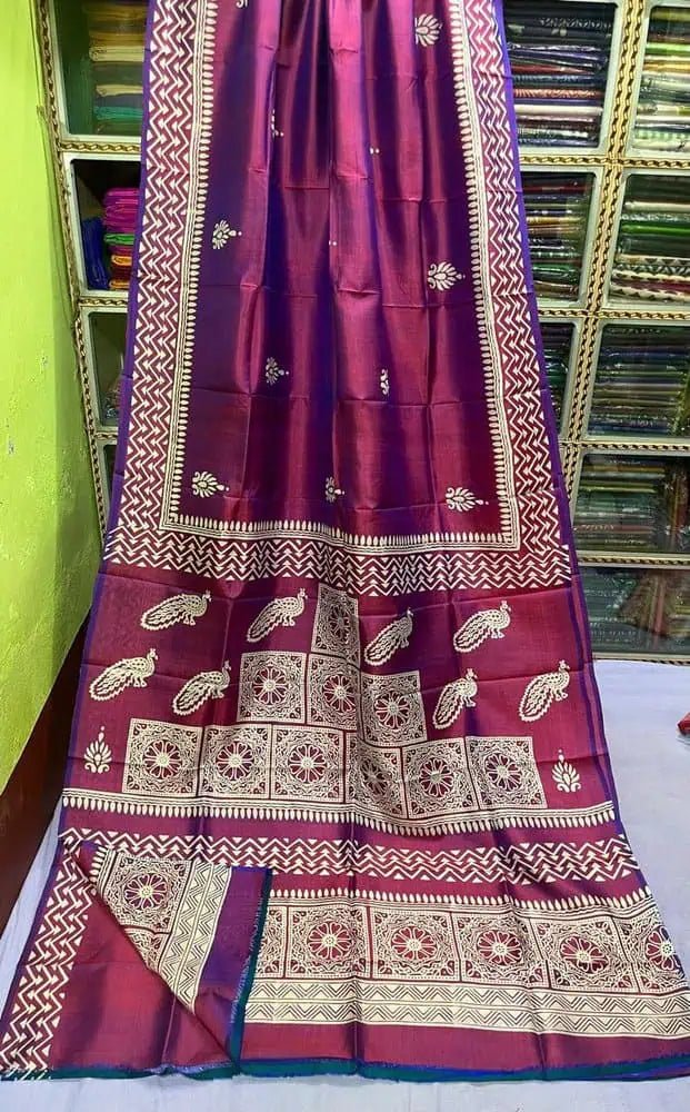 Bishnupuri Silk Block Print Festive Durgapuja Wine Saree S10491 - Saree - Aakritee - S10491