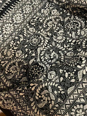 Black Bangalore Silk Kantha Stitch Saree - S10384 - Saree - Aakritee - S10384