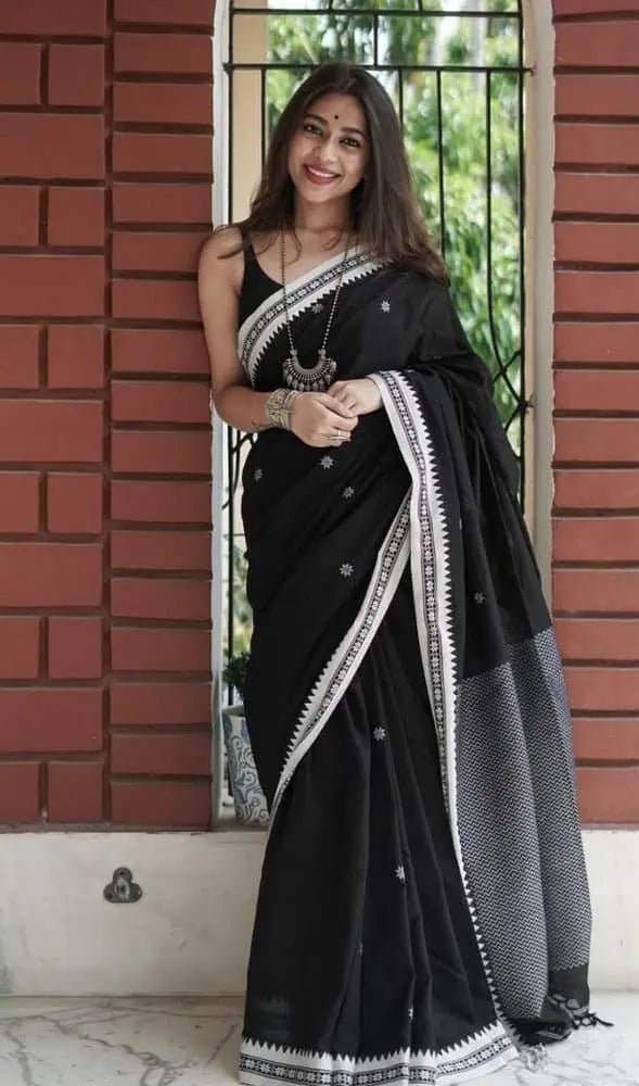 Black Bengal Handloom Khadi Jamdani Saree - S10363 - Saree - Aakritee - S10363