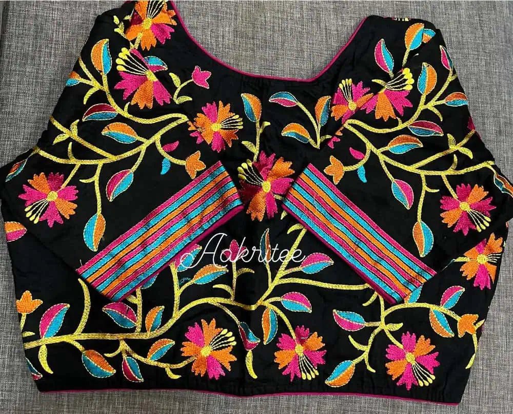 Black Cotton Embroidered Blouse with Sleeves - BL0024 - Blouse - Aakritee - BL0024