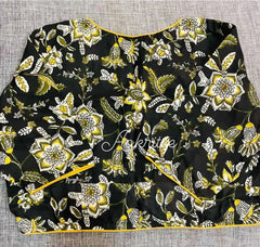 Black Cotton Kalamkari Blouse with Sleeves - BL0013 - Blouse - Aakritee - BL0013