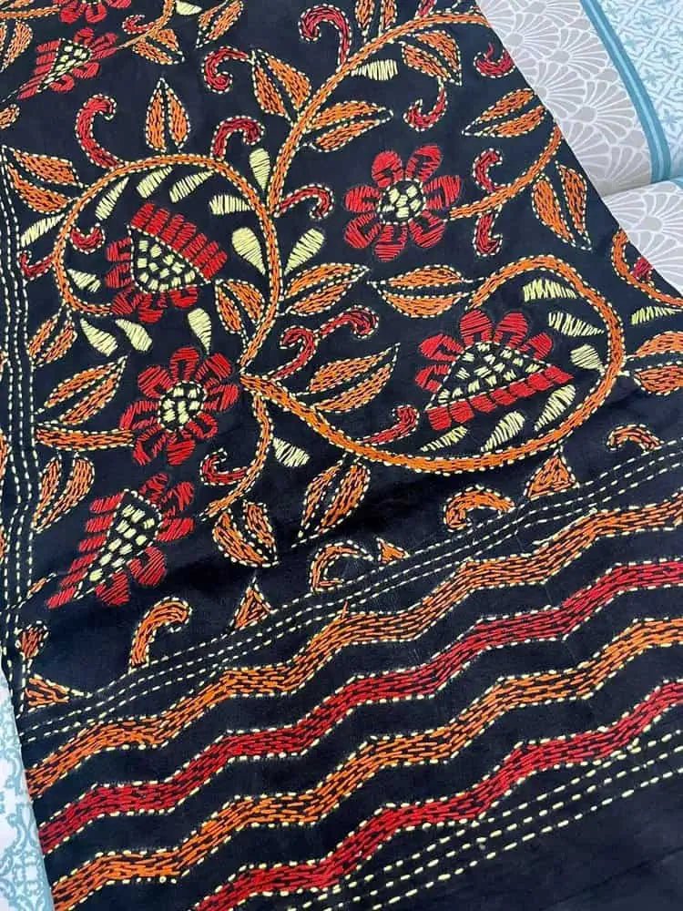 Black Multicolor Hand Kantha Pure Bangalore Silk Saree for Festive - Saree - Aakritee - S10702