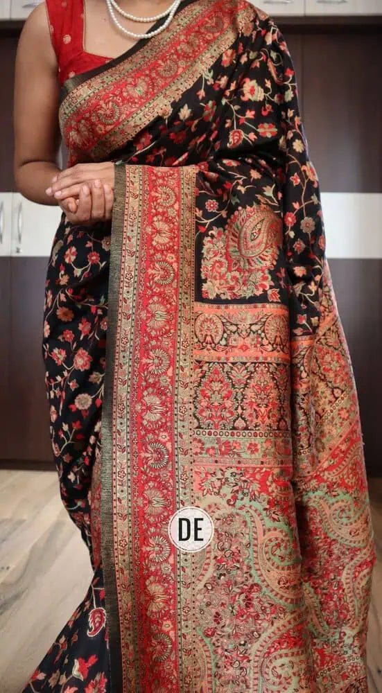 Black Silk Saree - Saree Kani Silk Pujo Edit Festive Diwali Black S11108 - Saree - Aakritee - S11108