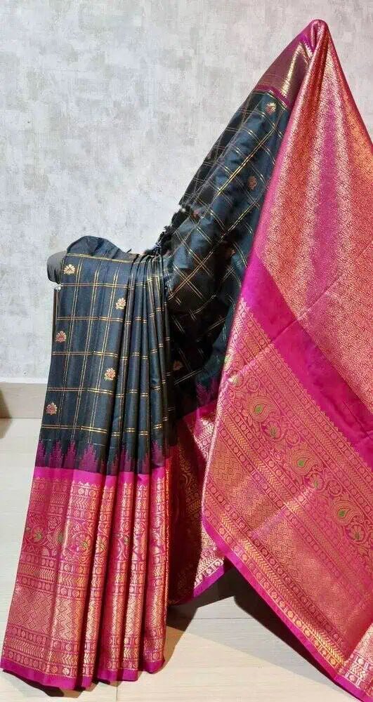 Black Silk Saree - Semi Gadwal Silk Festive Traditional Black S11053 - Saree - Aakritee - S11053