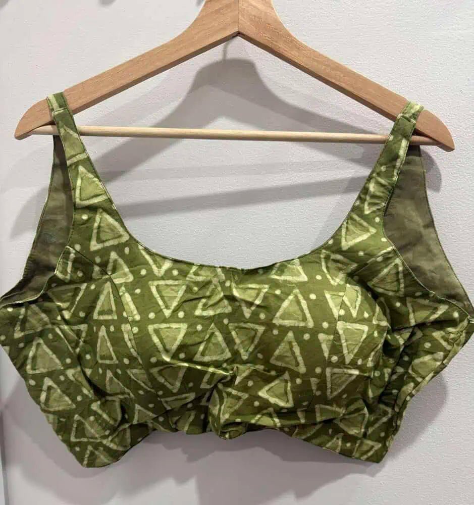 Blouse Cotton Sleeveless Ajrakh Print Olive Casual Festive Bl0125 Blouse - Blouse - Aakritee - BL0125